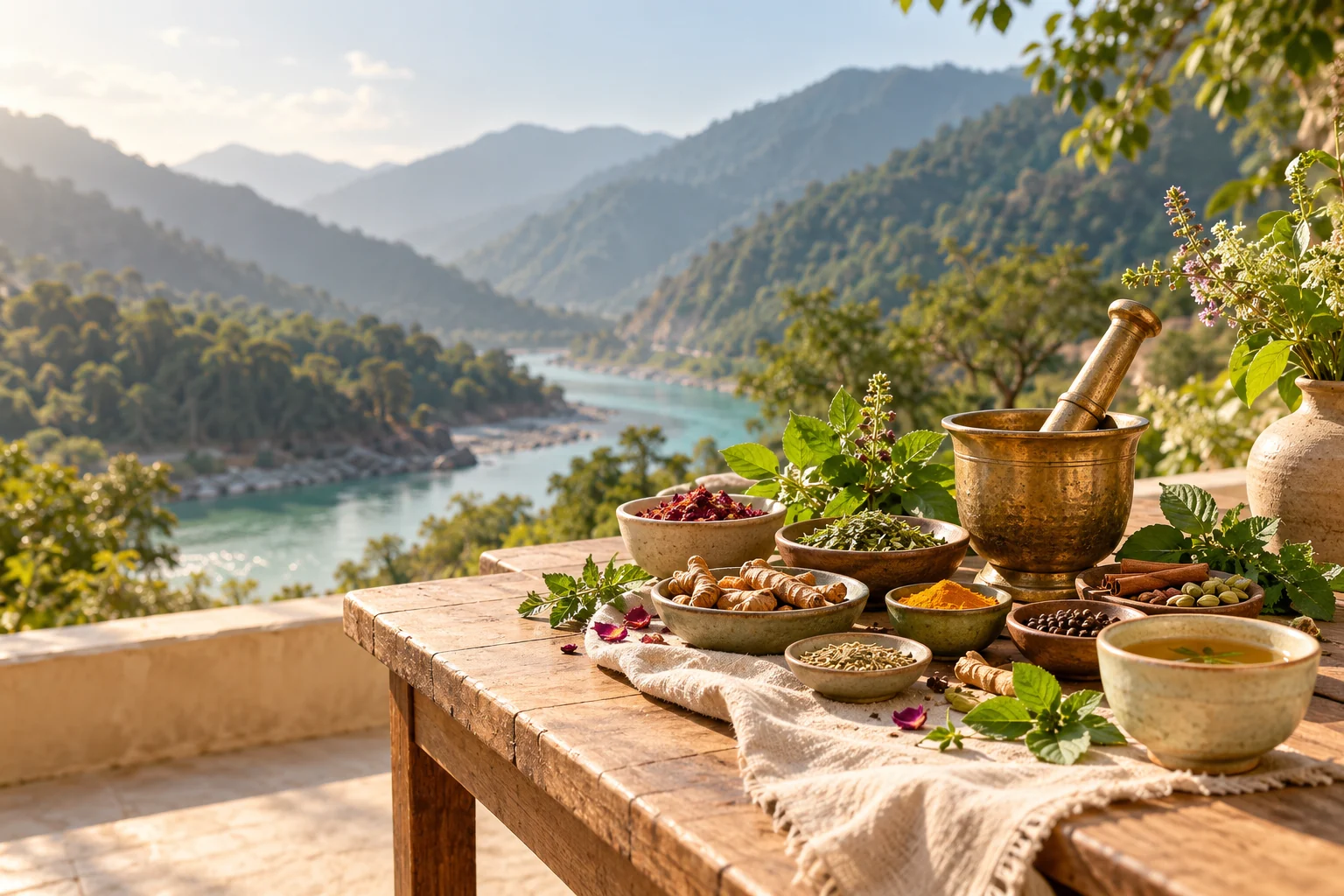 Illustrative Ayurvedic herbs and a Himalayan foothill landscape