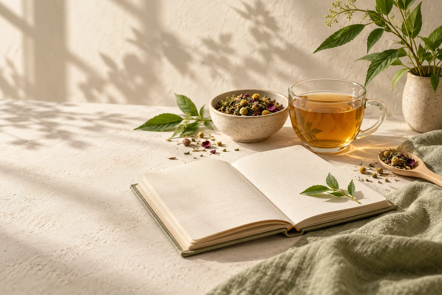 Herbal tea and a notebook in a calm botanical setting
