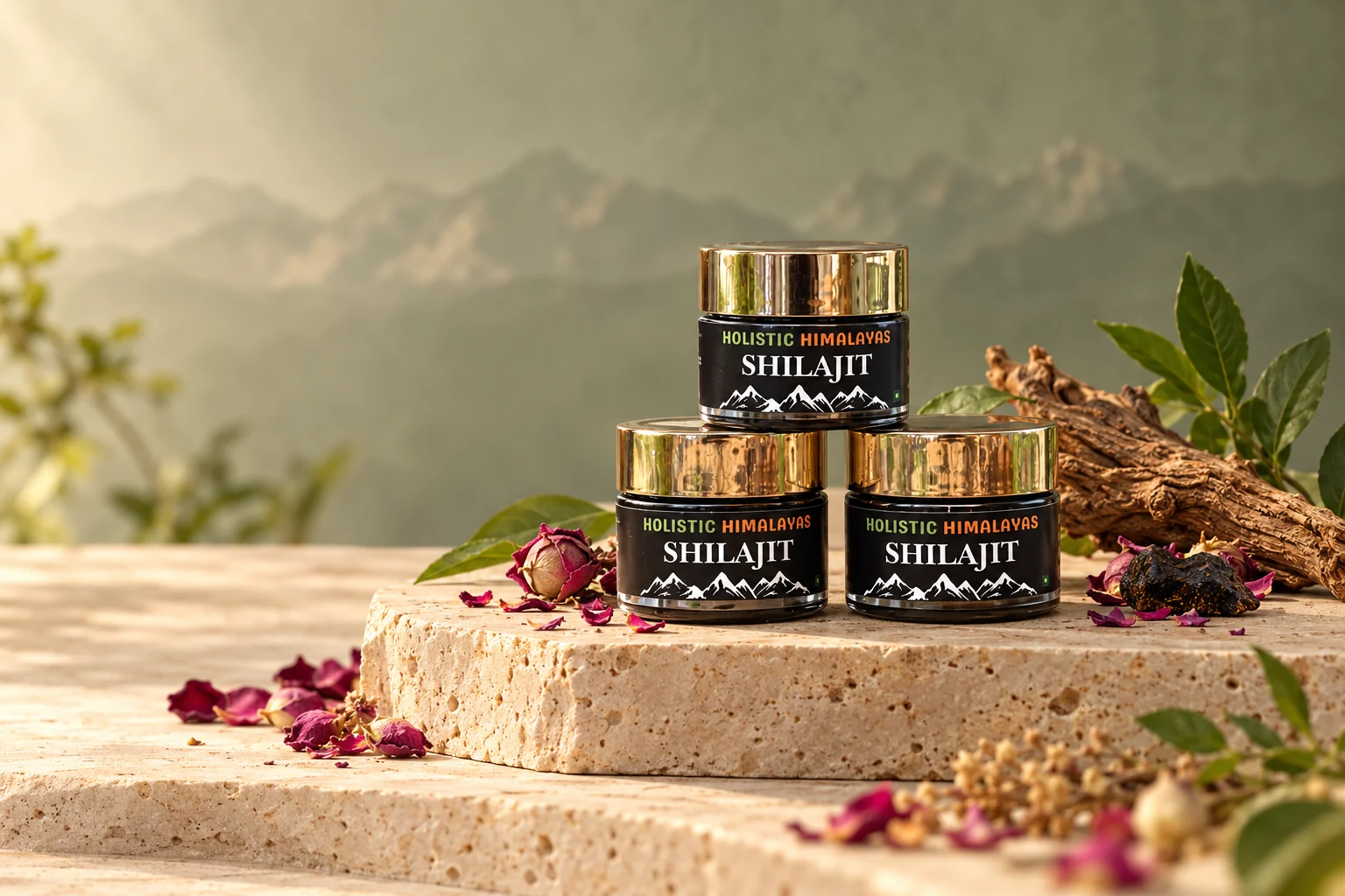 Holistic Himalayas Shilajit jars in a botanical campaign setting